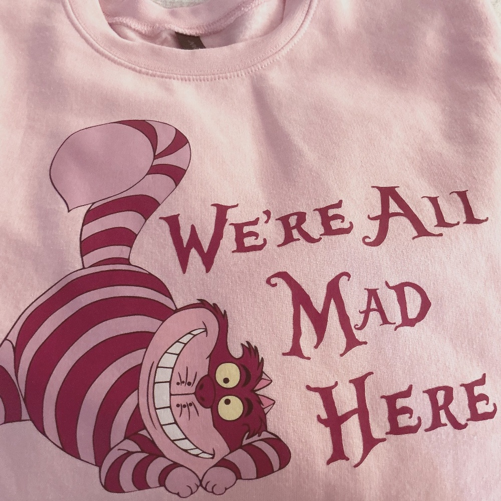 Disney Magic Kingdom Cheshire Cat Pink Sweatshirt Size L “ We Are All Mad Here “